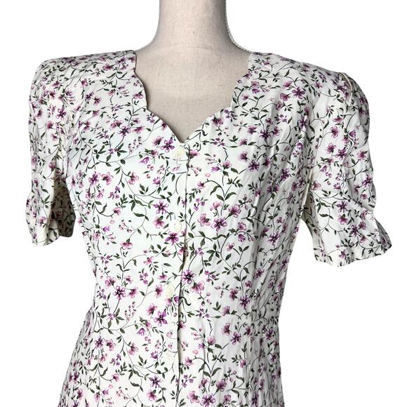 Vintage Caroline Wells Cottagecore Floral Midi Dress Puff Sleeve 90s Size 12 - Picture 2 of 9